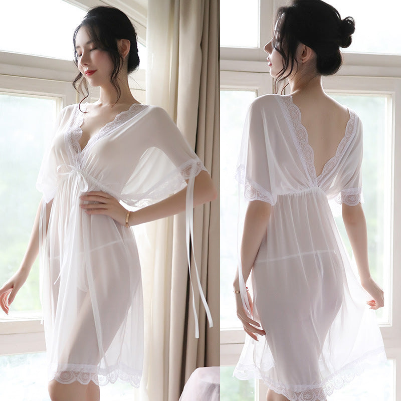 Nuisette Sexy V-Neck Woman Backless Night Wear Silk Sleepshirts Night Dress Sleepwear Nightgown Night Wear Summer Sexy Lingerie