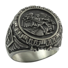 Vikingx Pirate Vintage Templar 316L Stainless Steel Saint Michael The Archangel Ring Mens Punk Save and Protect Biker Jewelry