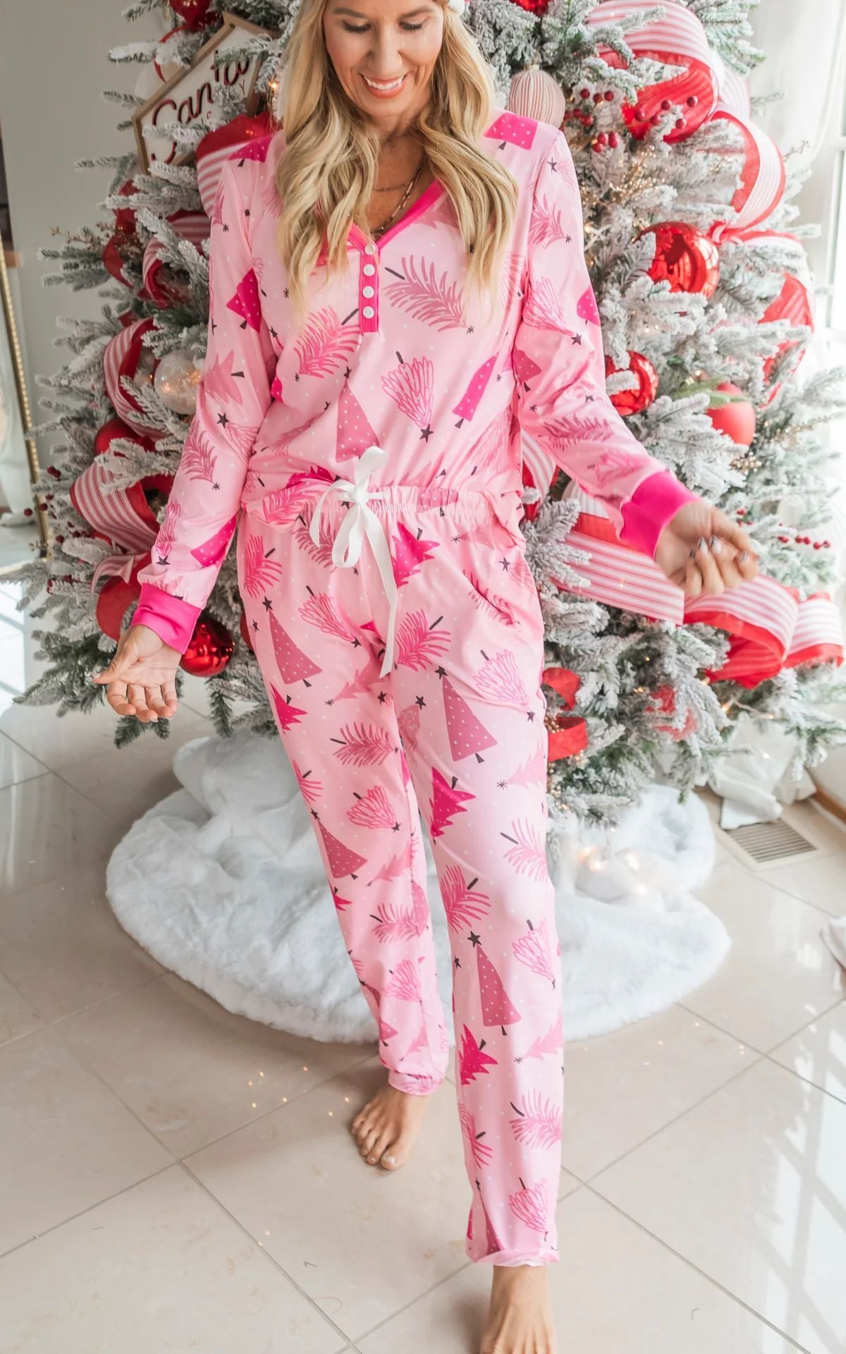 Christmas Pajamas Suit Christmas Tree Printed Long Sleeve Button Two-piece Set