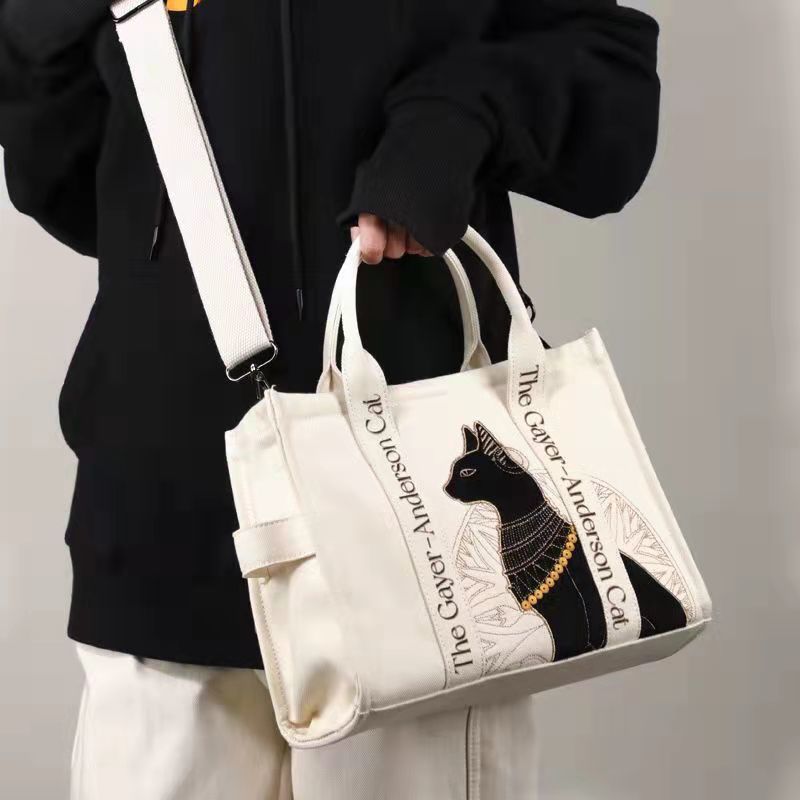 Cat Embroidered Canvas Shoulder Bag