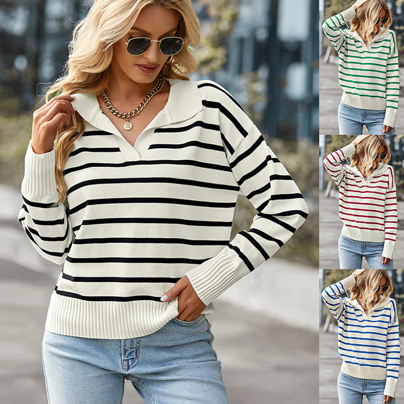 V-neck Lapel Striped Sweater For Womens Clothing